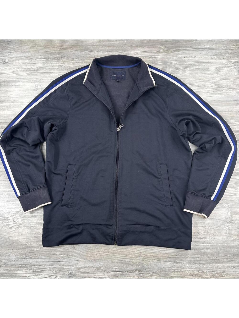 Banana Republic Track Jacket Mens Large Navy Blue White Striped Tape Arm Preppy